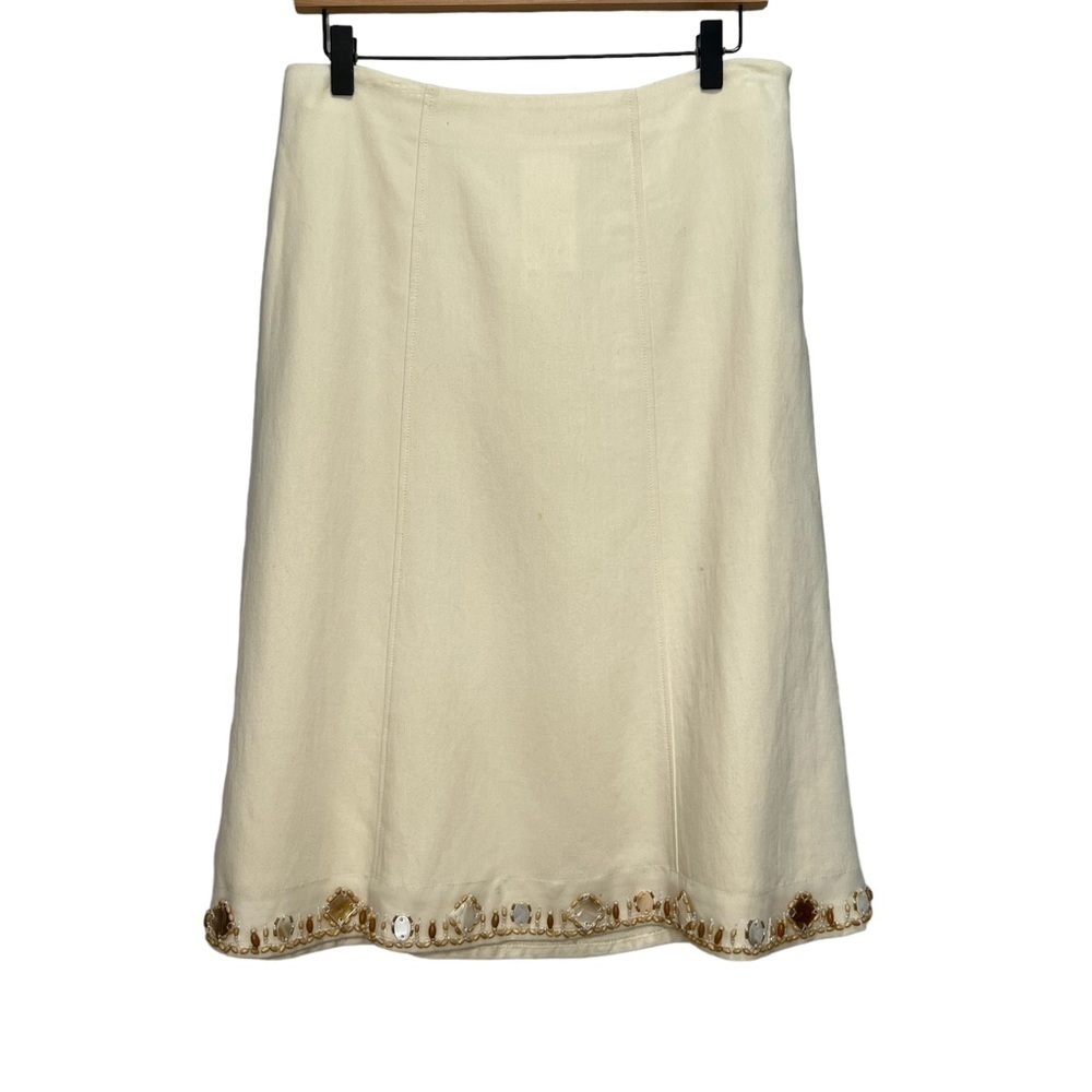 Olsen Europe Beige Tan Linen Beaded Skirt Size 6 Bohemian
